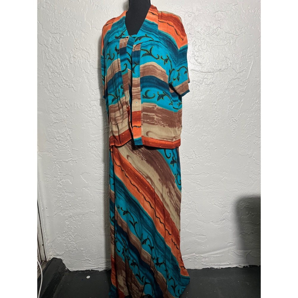 Menu 2 Piece Maxi Dress Open Front Tunic Set Size 18 Multicolor Boho